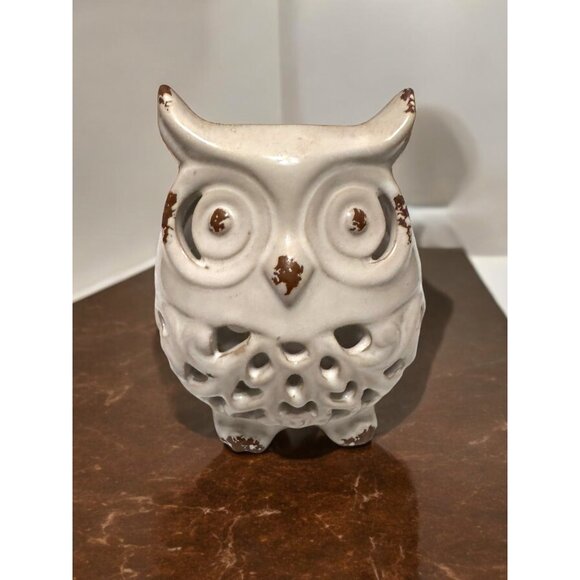 Vintage Ceramic Owl Candle Holder With Distressed Brown & White Finish - Picture 1 of 11